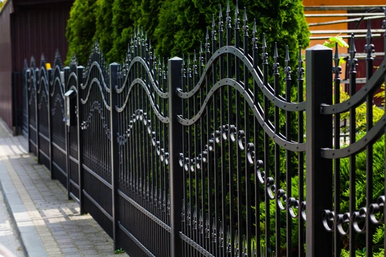Clôture en fer forgé noir longeant un trottoir pavé dans un environnement résidentiel