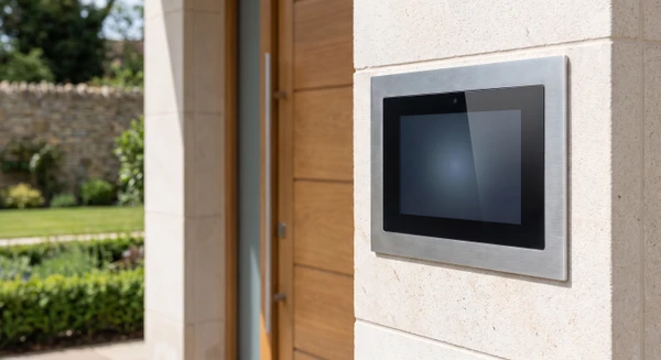 Visiophone connecté moderne fixé sur le pilier ou l'encadrement d'une porte d'entrée d'une habitation. Gros plan sur le dispositif écran tactile ou écran afficheur avec clavier de saisie numérique, montrant clairement la technologie. Porte d'entrée blanche ou grise en arrière-plan, pilier ou montant en pierre ou enduit. Éclairage naturel en lumière diurne. Image professionnelle haute définition mettant en avant le système de visiophonie connectée et sa qualité technologique.