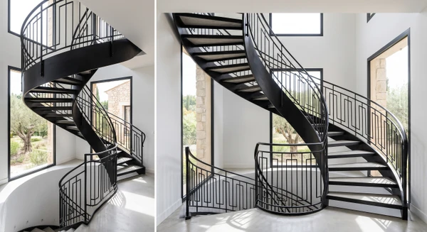 Photographie professionnelle d'un escalier hélicoïdal en acier noir dans une résidence moderne, avec rampe et garde-corps en fer forgé aux motifs géométriques contemporains. Structure tubulaire épurée, marches en métal ou béton ciré. Environnement lumineux de type hall d'entrée, cage d'escalier contemporaine avec baies vitrées latérales donnant sur jardin, murs blancs épurés. Plan d'ensemble montrant à la fois la structure complète de l'escalier et la qualité des détails du garde-corps forgé. Composition professionnelle en haute définition soulignant le savoir-faire artisanal et la finition impeccable.