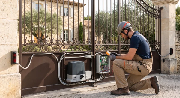 Un technicien en combinaison de travail intervenant sur un portail automatisé en fer forgé pour un dépannage. Le portail est semi-ouvert, on voit clairement le moteur d'automatisme (bras ou motoréducteur), les câbles de connexion et les capteurs infra-rouge fixés sur les piliers. Le professionnel utilise un outil de diagnostic ou vérifie le fonctionnement du système. En arrière-plan, une propriété résidentielle provençale avec pierre calcaire. Lumière naturelle diurne. Photo réaliste professionnelle soulignant le savoir-faire technique du motoriste-automaticien en action de maintenance.